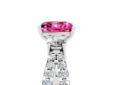 White gold Princess Cut Pink Sapphire Three-Stone Ring with Pavé Split Shank and Four-Prong Setting_29