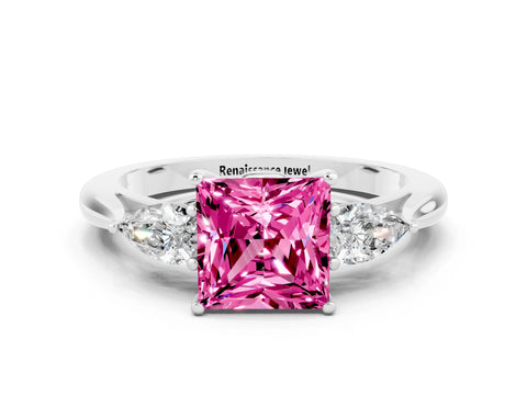 White gold Princess Cut Pink Sapphire Three-Stone Ring with Pear Side Stones and Four-Prong Setting_12
