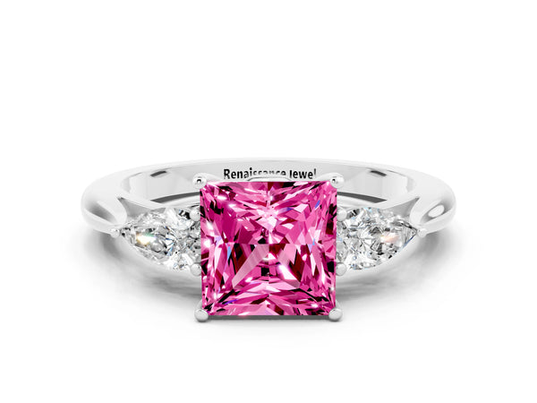 Silver Princess Cut Pink Sapphire Three-Stone Ring with Pear  Side Stones and Prong Setting