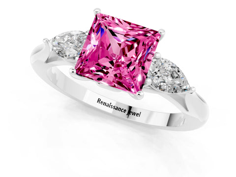 White gold Princess Cut Pink Sapphire Three-Stone Ring with Pear Side Stones and Four-Prong Setting_13