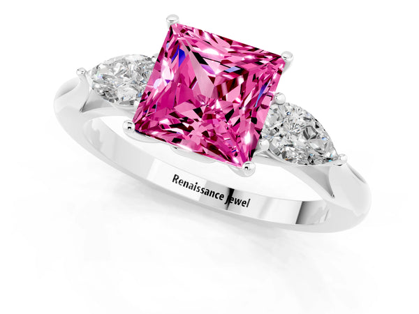 White gold Princess Cut Pink Sapphire Three-Stone Ring with Pear  Side Stones and Prong Setting