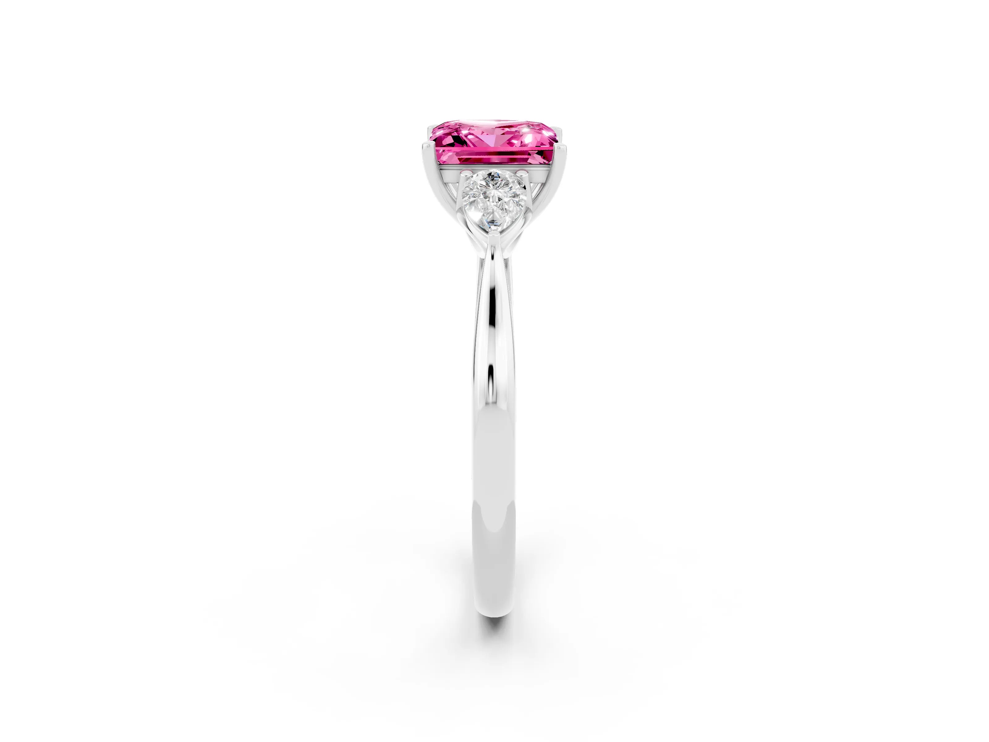 White gold Princess Cut Pink Sapphire Three-Stone Ring with Pear Side Stones and Four-Prong Setting_14