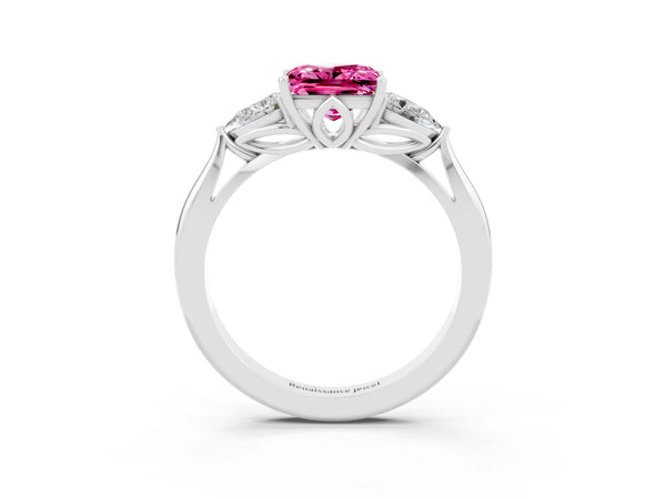 Platinum Princess Cut Pink Sapphire Three-Stone Ring with Pear  Side Stones and Prong Setting