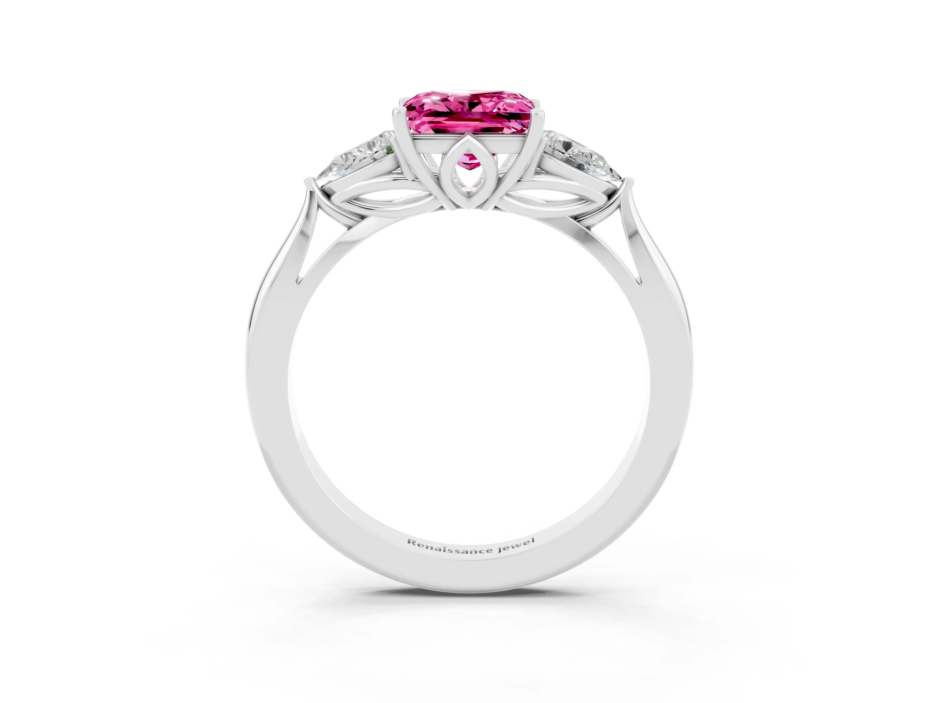 White gold Princess Cut Pink Sapphire Three-Stone Ring with Pear Side Stones and Four-Prong Setting_15