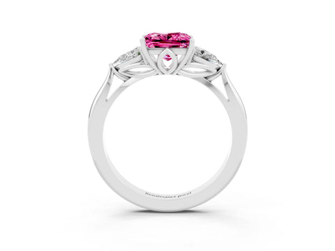 White gold Princess Cut Pink Sapphire Three-Stone Ring with Pear Side Stones and Four-Prong Setting_15