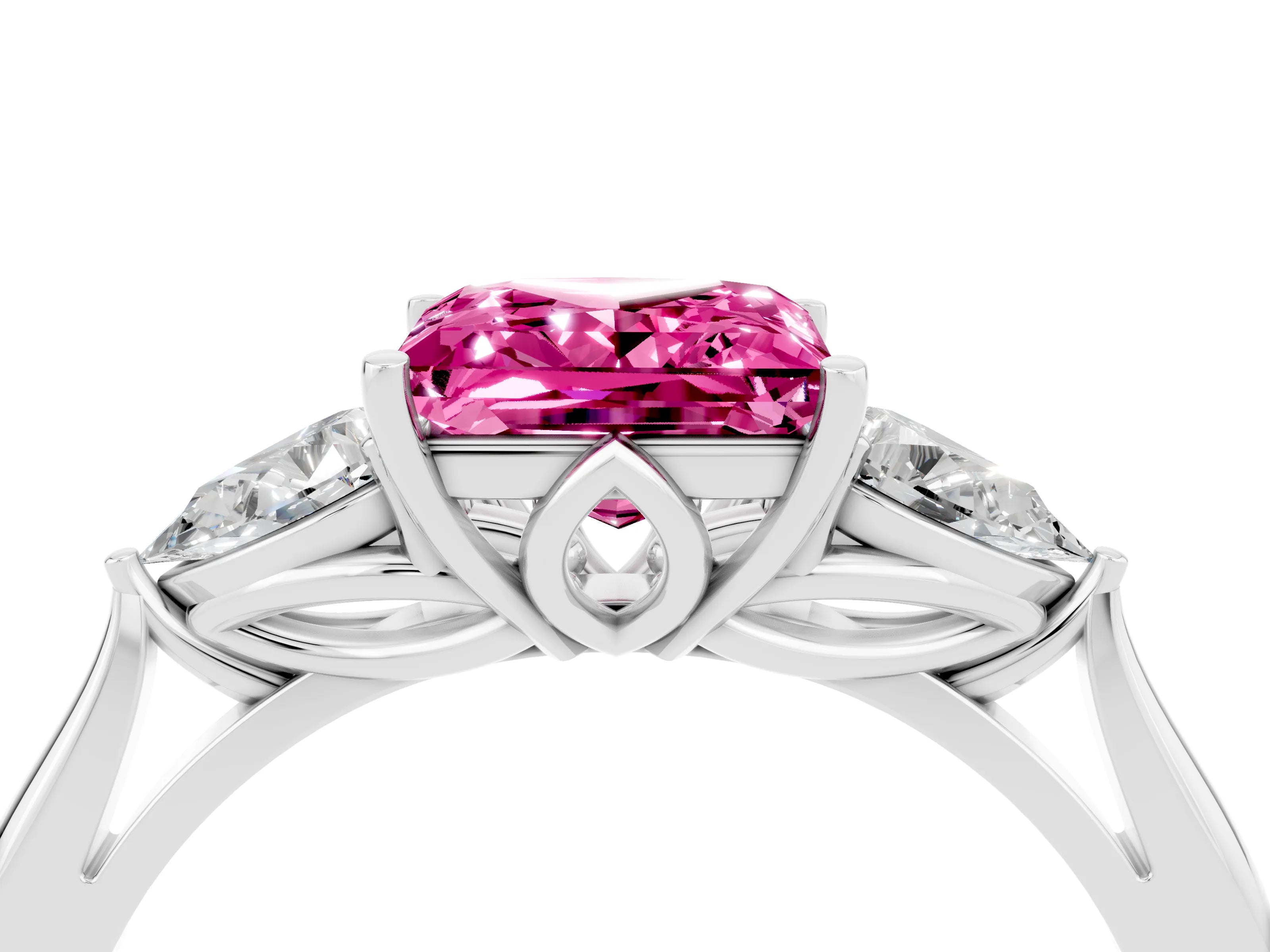 White gold Princess Cut Pink Sapphire Three-Stone Ring with Pear Side Stones and Four-Prong Setting_16