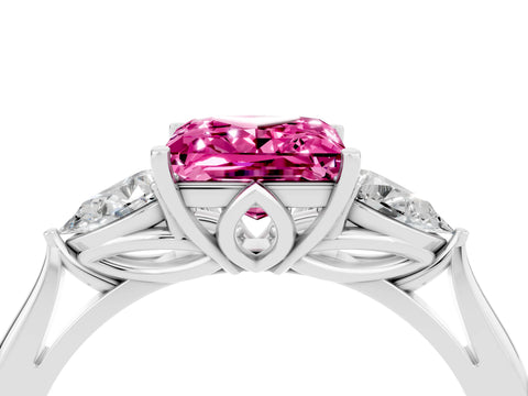 White gold Princess Cut Pink Sapphire Three-Stone Ring with Pear Side Stones and Four-Prong Setting_16
