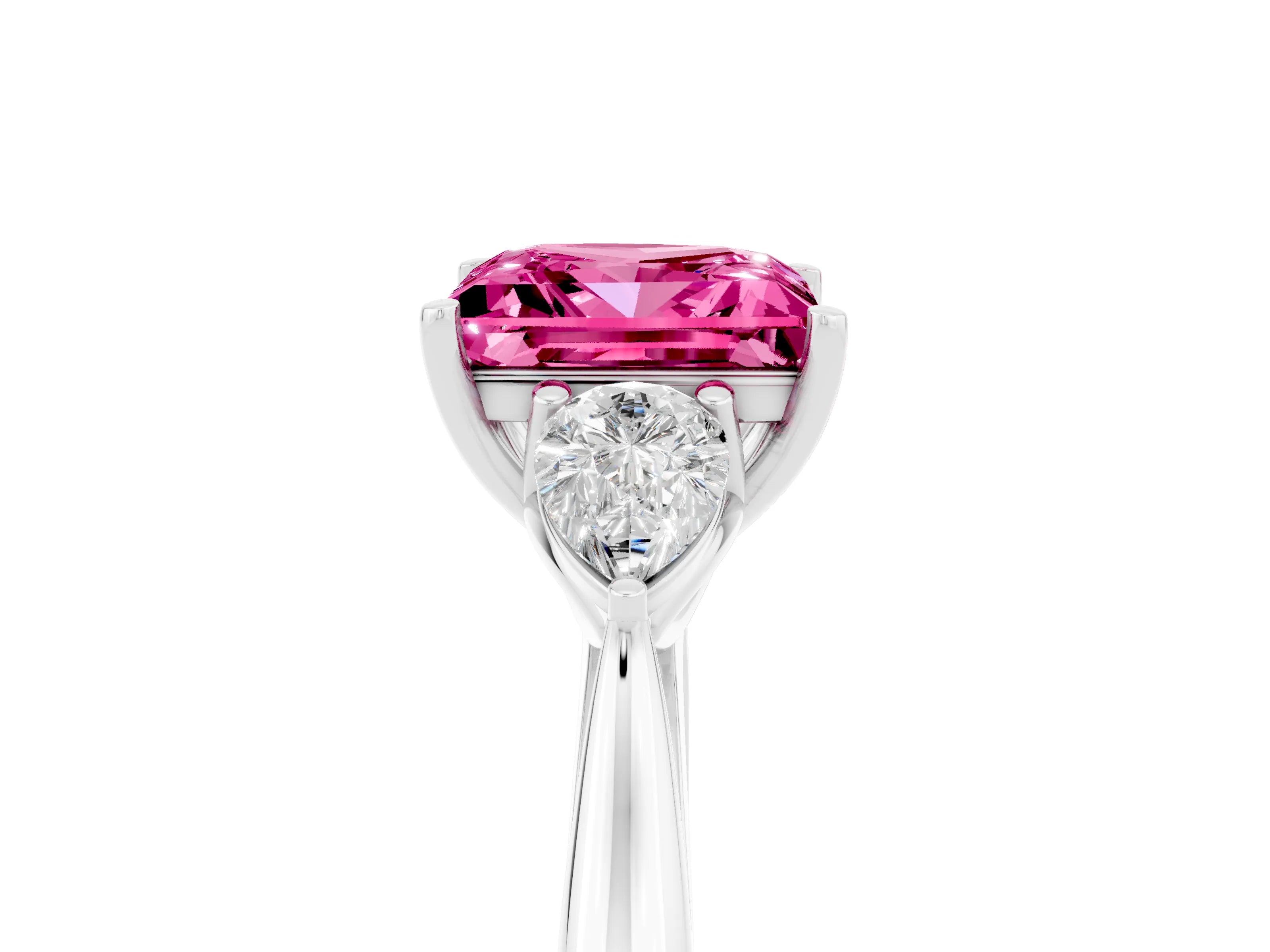 White gold Princess Cut Pink Sapphire Three-Stone Ring with Pear Side Stones and Four-Prong Setting_17