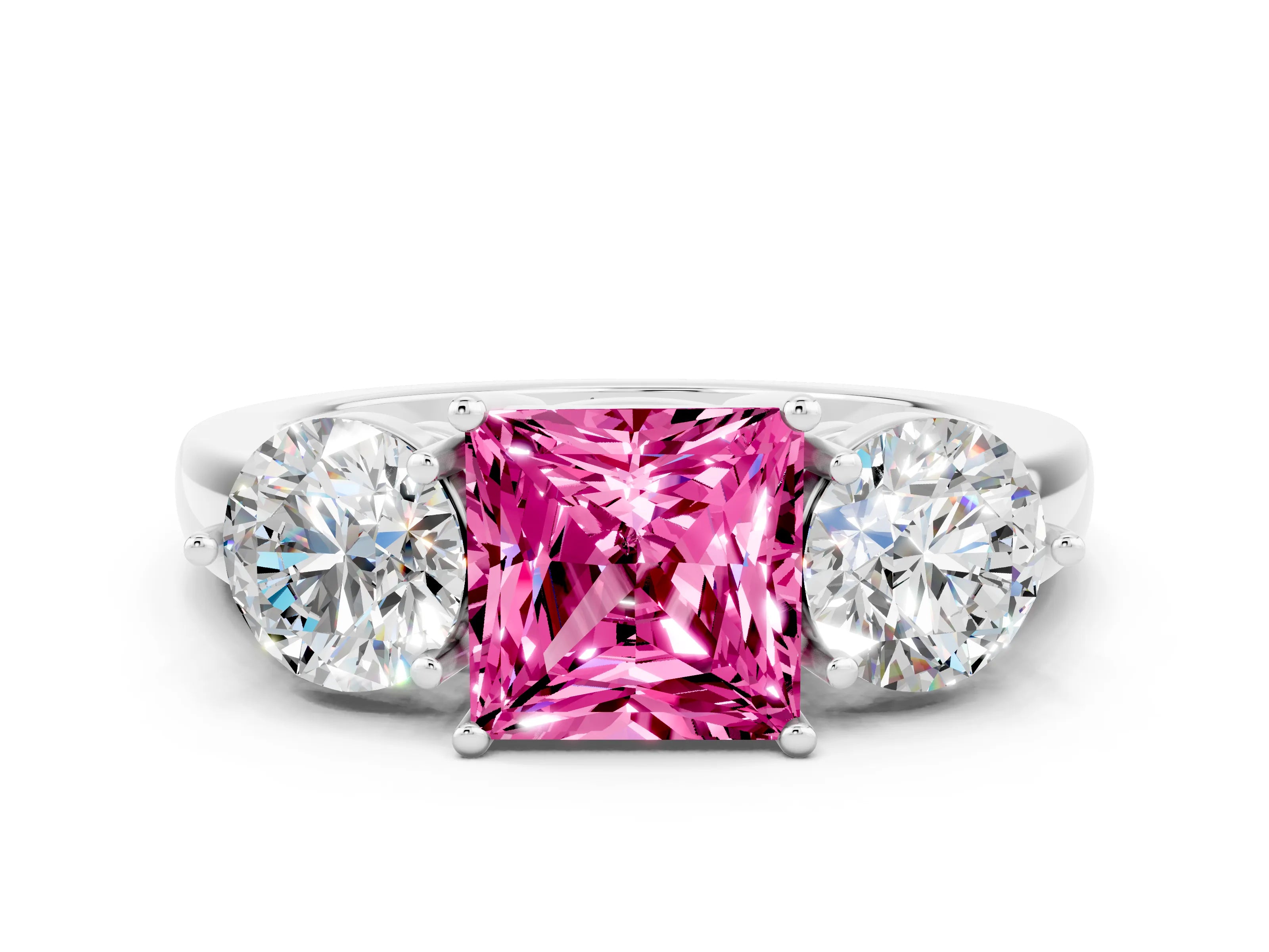 White gold Princess Cut Pink Sapphire Three-Stone Ring with Prong Setting and Classic Band
