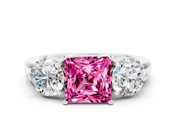 Platinum Princess Cut Pink Sapphire Three-Stone Ring with Prong Setting and Classic Band