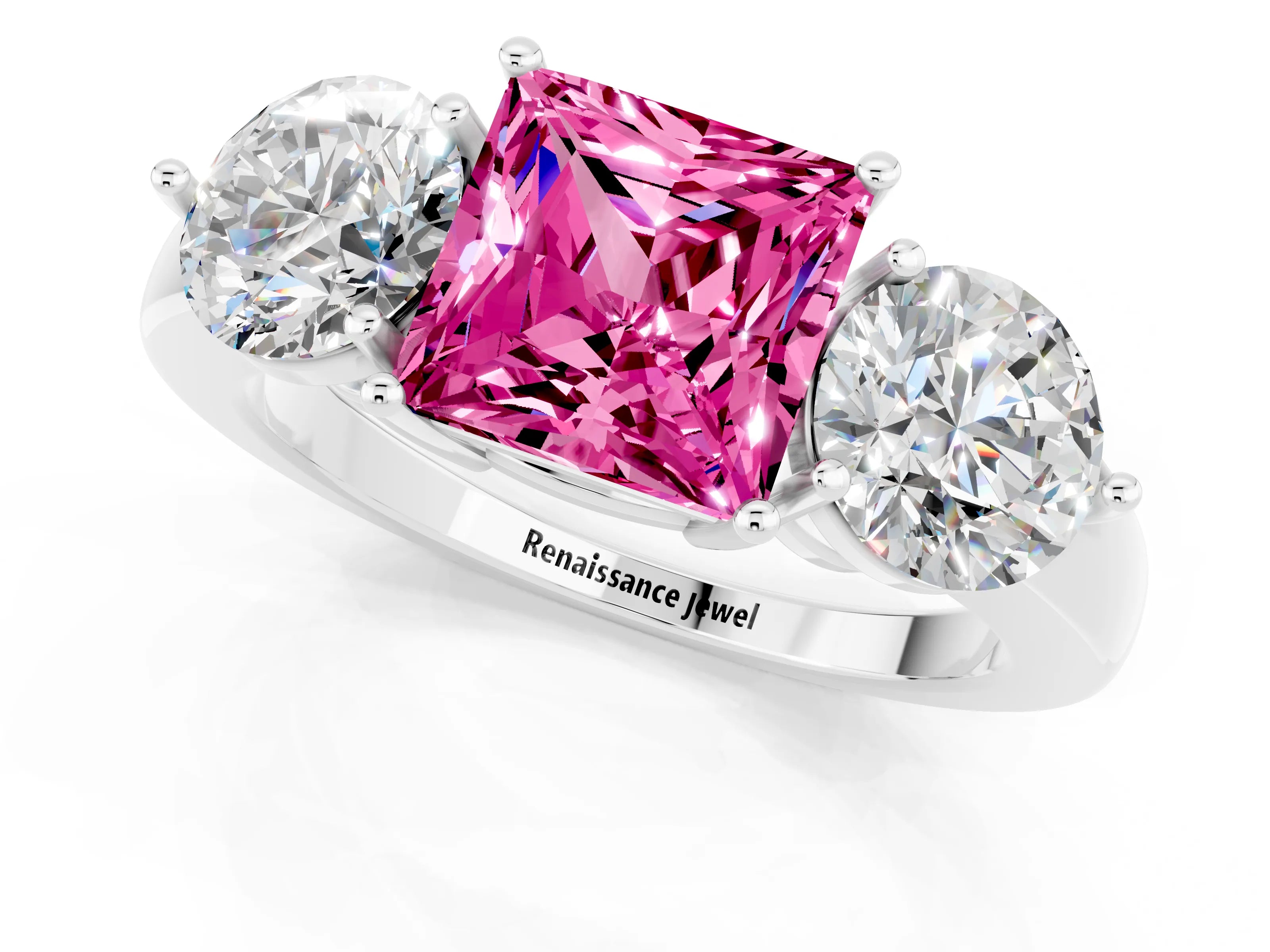 White gold Princess Cut Pink Sapphire Three-Stone Ring with Prong Setting and Classic Band_1