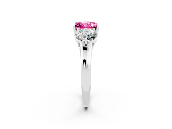 Platinum Princess Cut Pink Sapphire Three-Stone Ring with Prong Setting and Classic Band