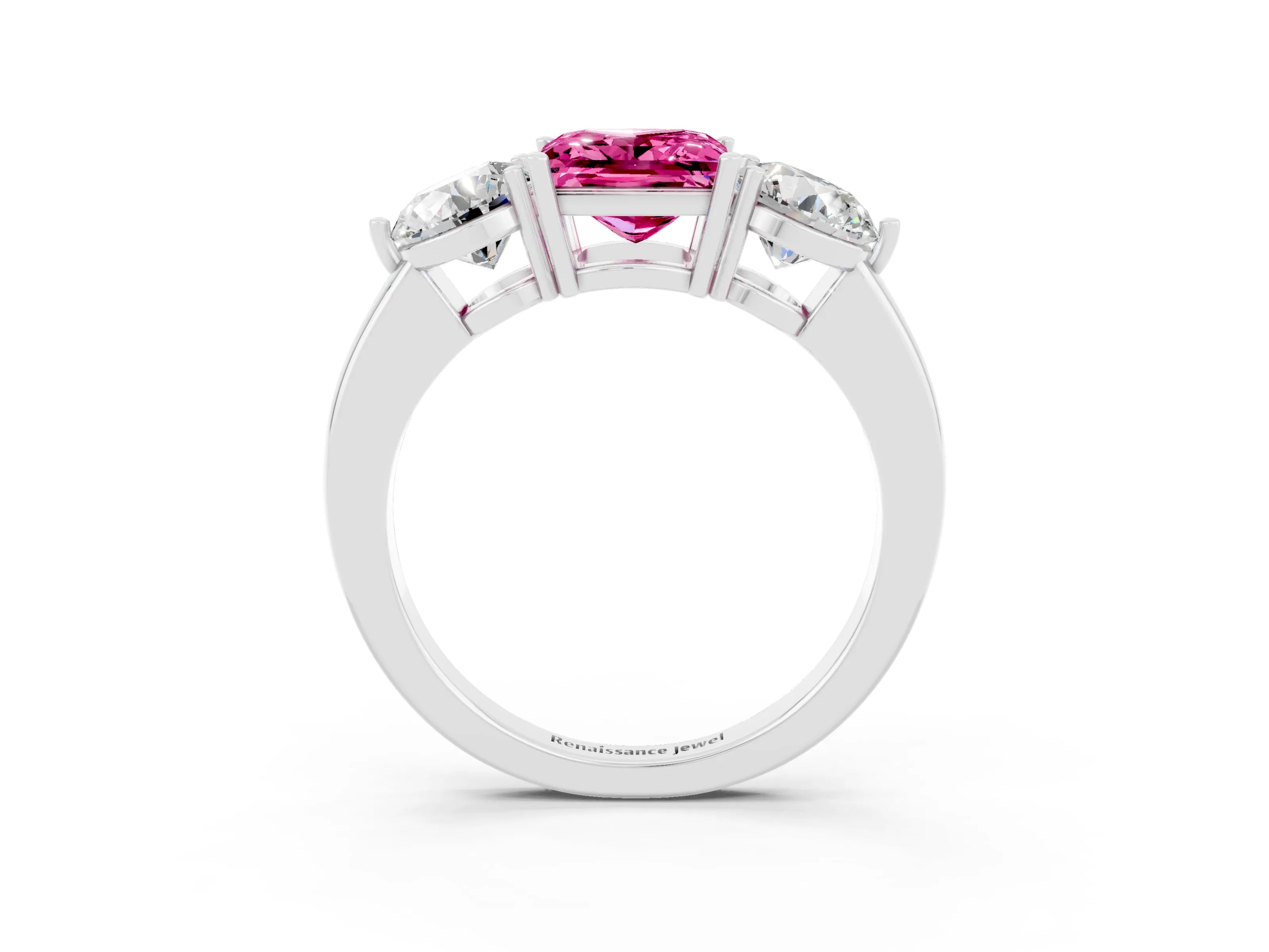 White gold Princess Cut Pink Sapphire Three-Stone Ring with Prong Setting and Classic Band_3
