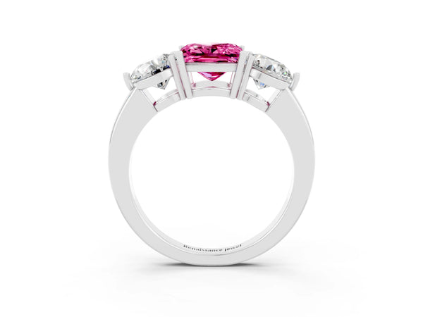 Silver Princess Cut Pink Sapphire Three-Stone Ring with Prong Setting and Classic Band