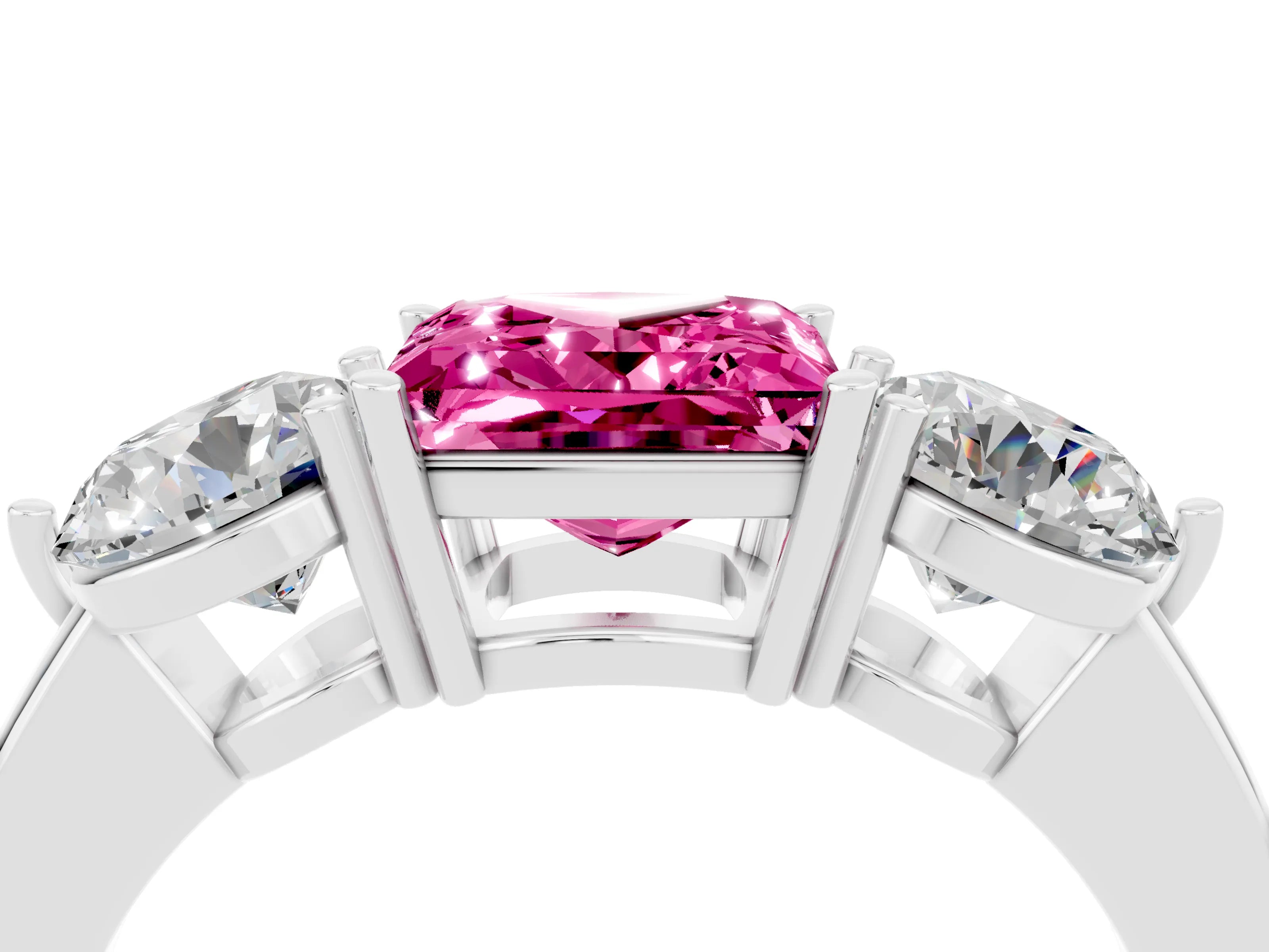 White gold Princess Cut Pink Sapphire Three-Stone Ring with Prong Setting and Classic Band_4