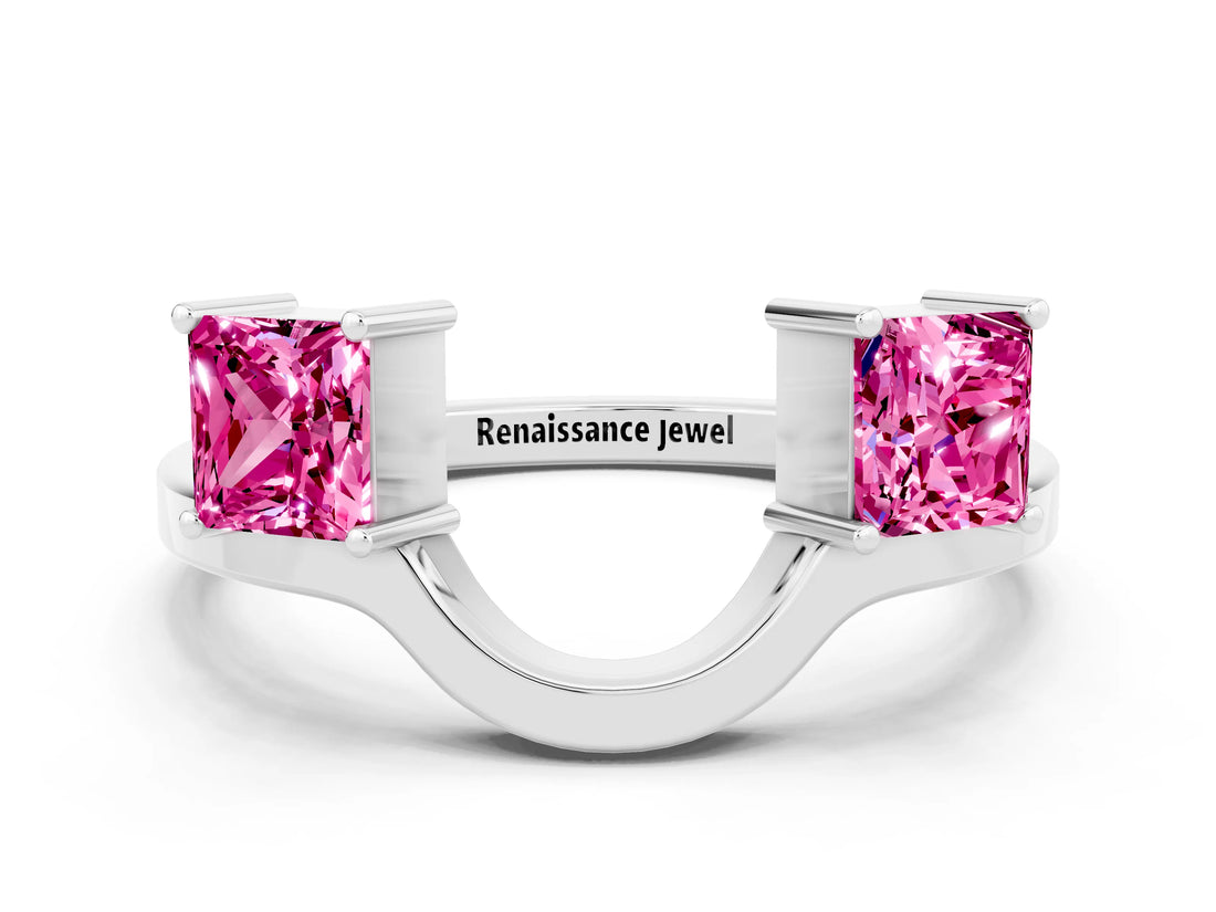 White gold Princess Cut Pink Sapphire Two-Stone Open Band Ring with Four-Prong Setting_18