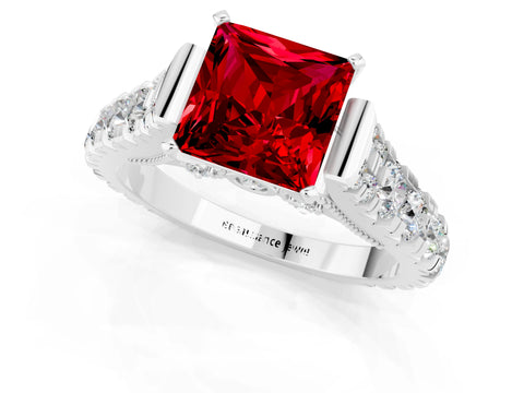 White gold Princess Cut Ruby Classic Solitaire Ring with Pavé Band and Four-Prong Setting_1