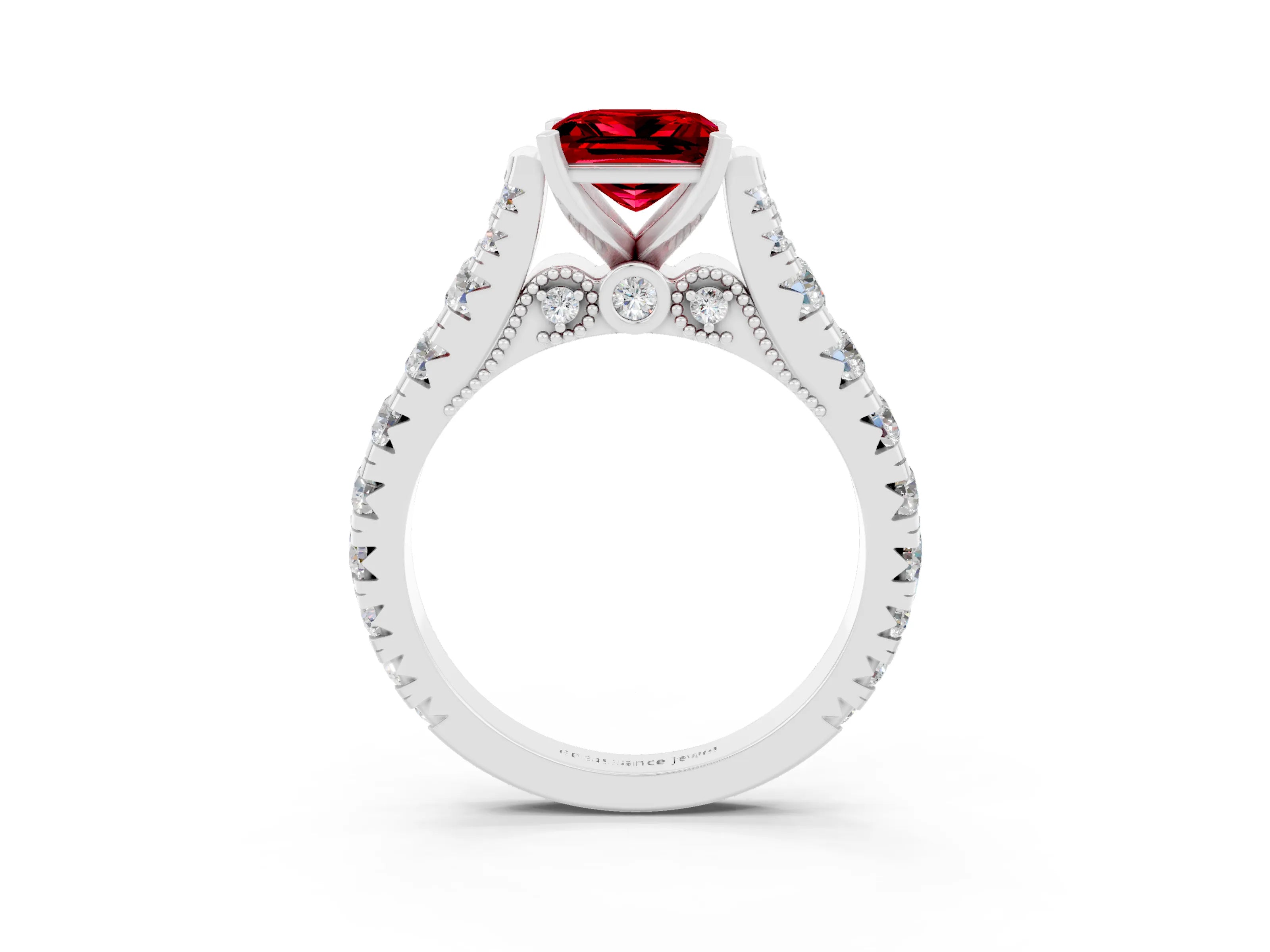 White gold Princess Cut Ruby Classic Solitaire Ring with Pavé Band and Four-Prong Setting_3