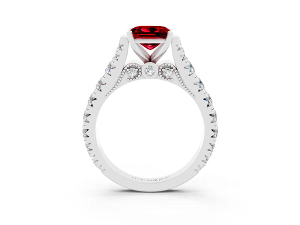 White gold Princess Cut Ruby Classic Solitaire Ring with Pavé Band and Four-Prong Setting