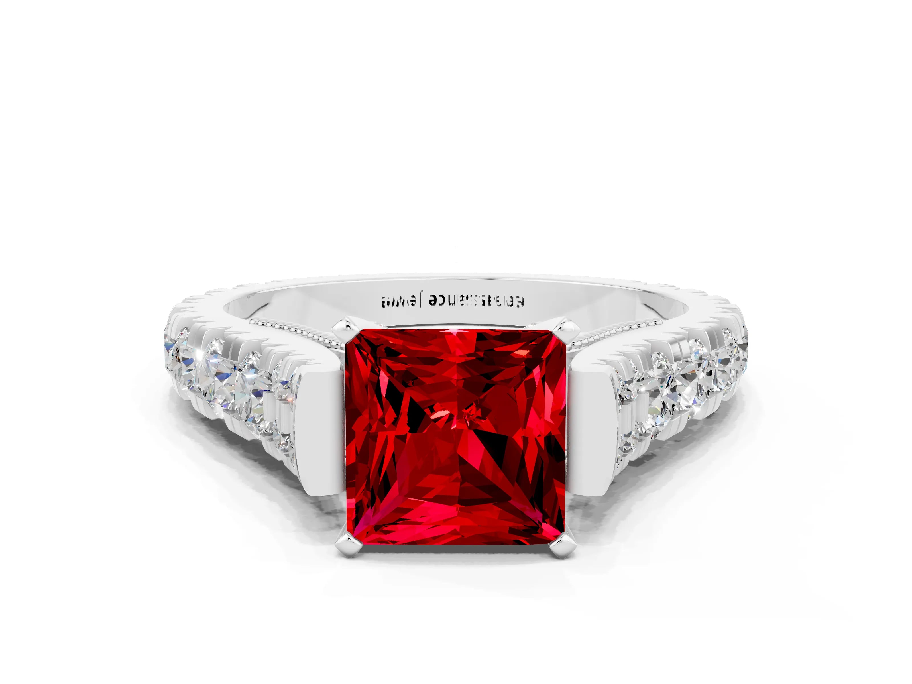 White gold Princess Cut Ruby Classic Solitaire Ring with Pavé Band and Four-Prong Setting