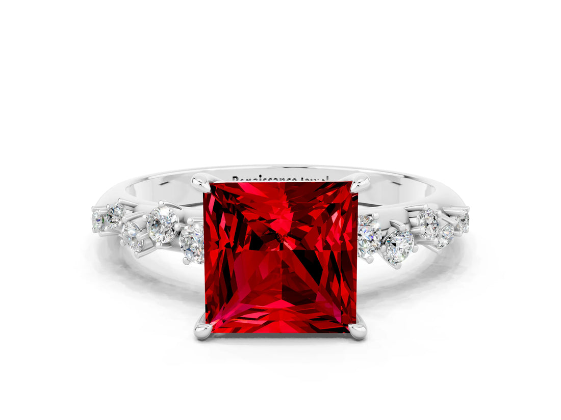 White gold Princess Cut Ruby Cluster Side Stone Solitaire Ring with Prong Setting_24