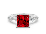 White gold Princess Cut Ruby Cluster Side Stone Solitaire Ring with Prong Setting_24