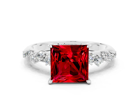 White gold Princess Cut Ruby Cluster Side Stone Solitaire Ring with Prong Setting_24