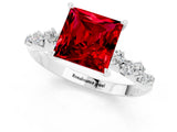 White gold Princess Cut Ruby Cluster Side Stone Solitaire Ring with Prong Setting_25