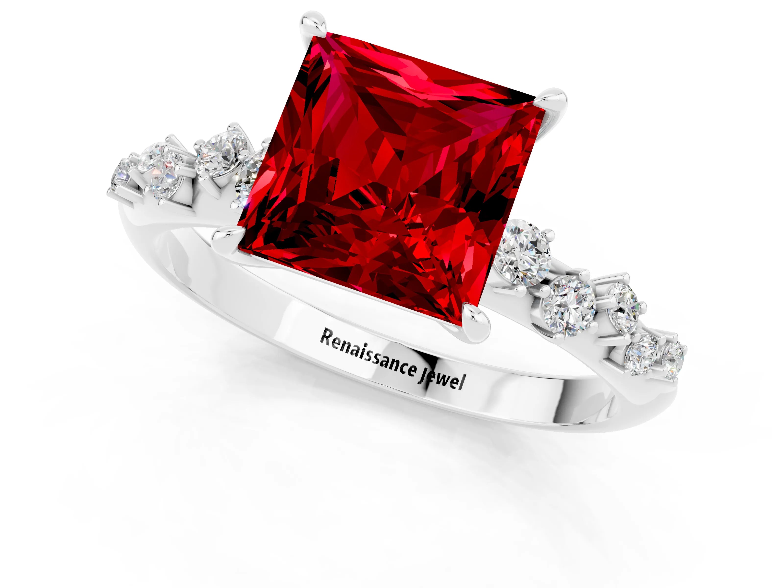 White gold Princess Cut Ruby Cluster Side Stone Solitaire Ring with Prong Setting_25