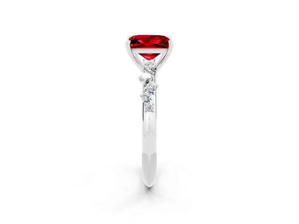 Platinum Princess Cut Ruby Cluster Side Stone Solitaire Ring with Prong Setting