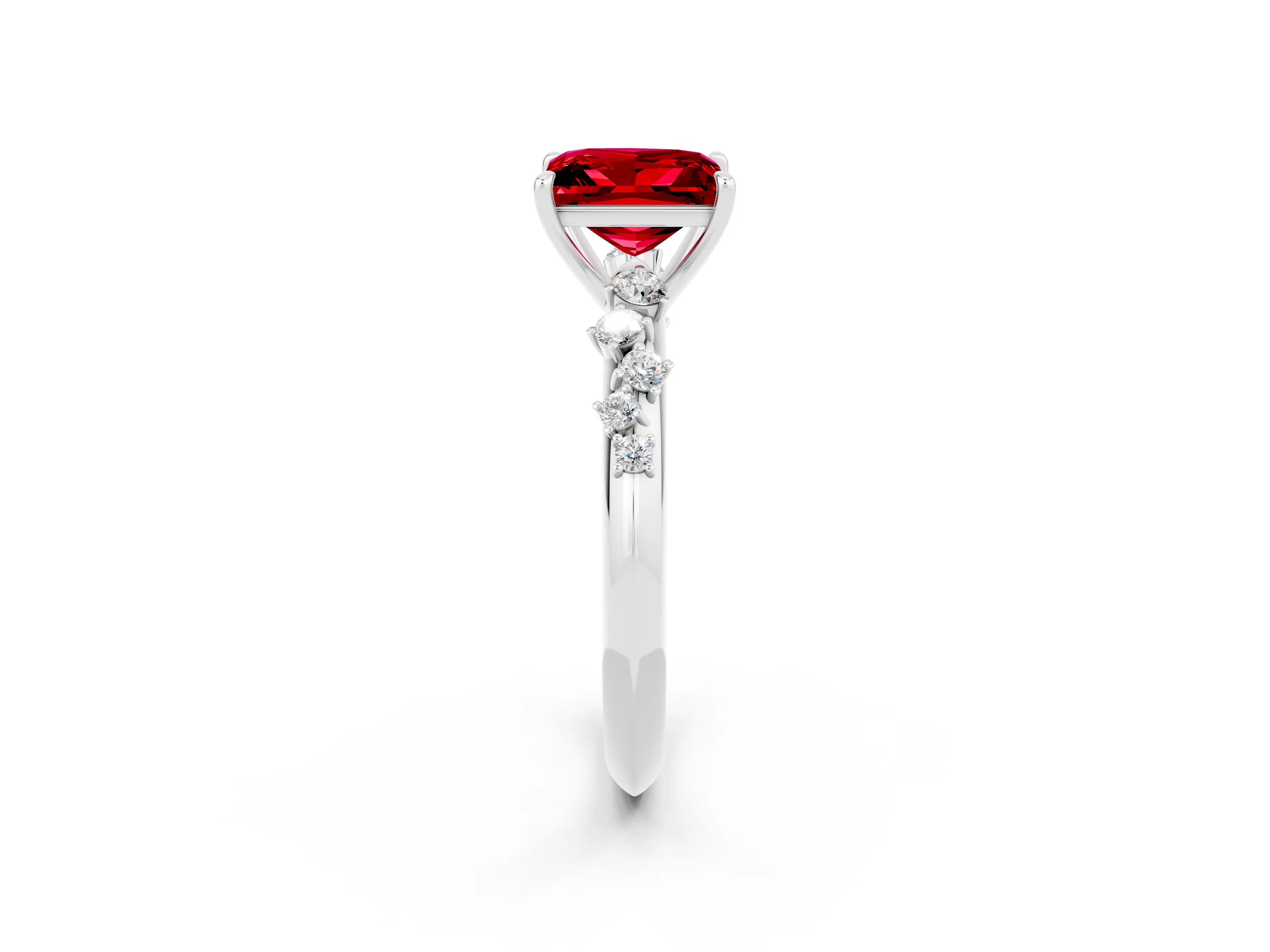White gold Princess Cut Ruby Cluster Side Stone Solitaire Ring with Prong Setting_26
