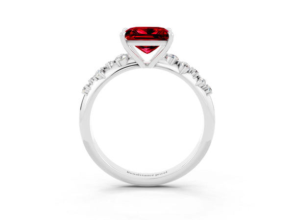 Platinum Princess Cut Ruby Cluster Side Stone Solitaire Ring with Prong Setting