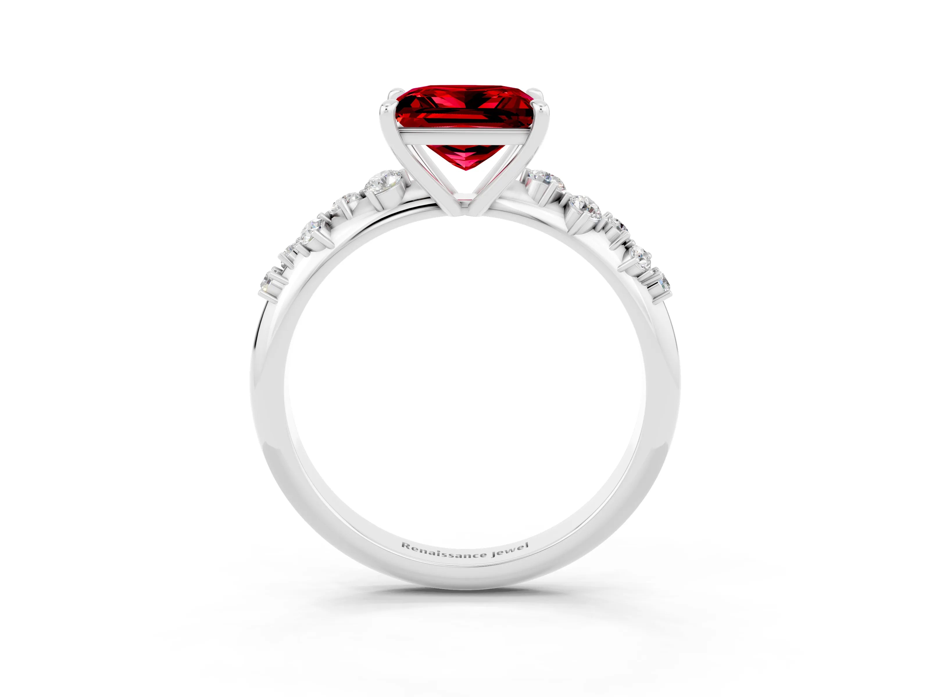 White gold Princess Cut Ruby Cluster Side Stone Solitaire Ring with Prong Setting_27
