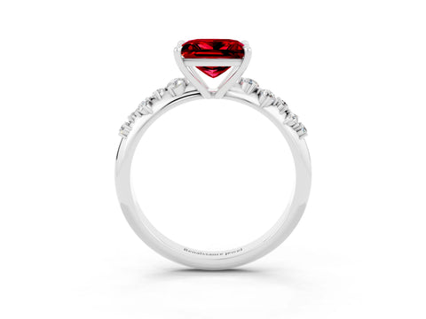 White gold Princess Cut Ruby Cluster Side Stone Solitaire Ring with Prong Setting_27