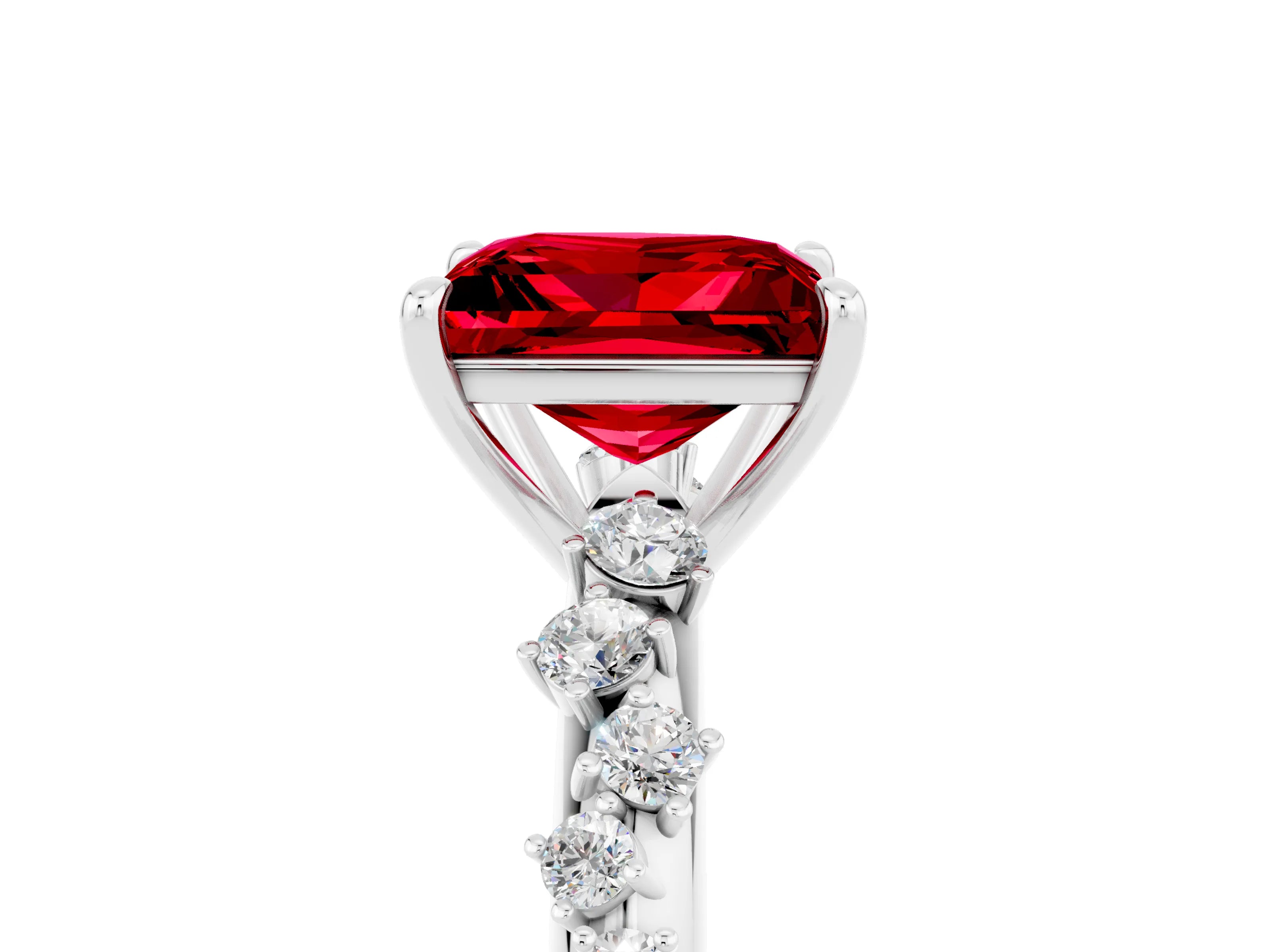 White gold Princess Cut Ruby Cluster Side Stone Solitaire Ring with Prong Setting_29