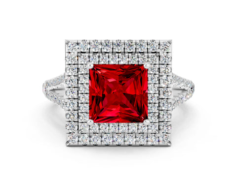 White gold Princess Cut Ruby Double Halo Ring with Pavé Band and Prong Setting_12