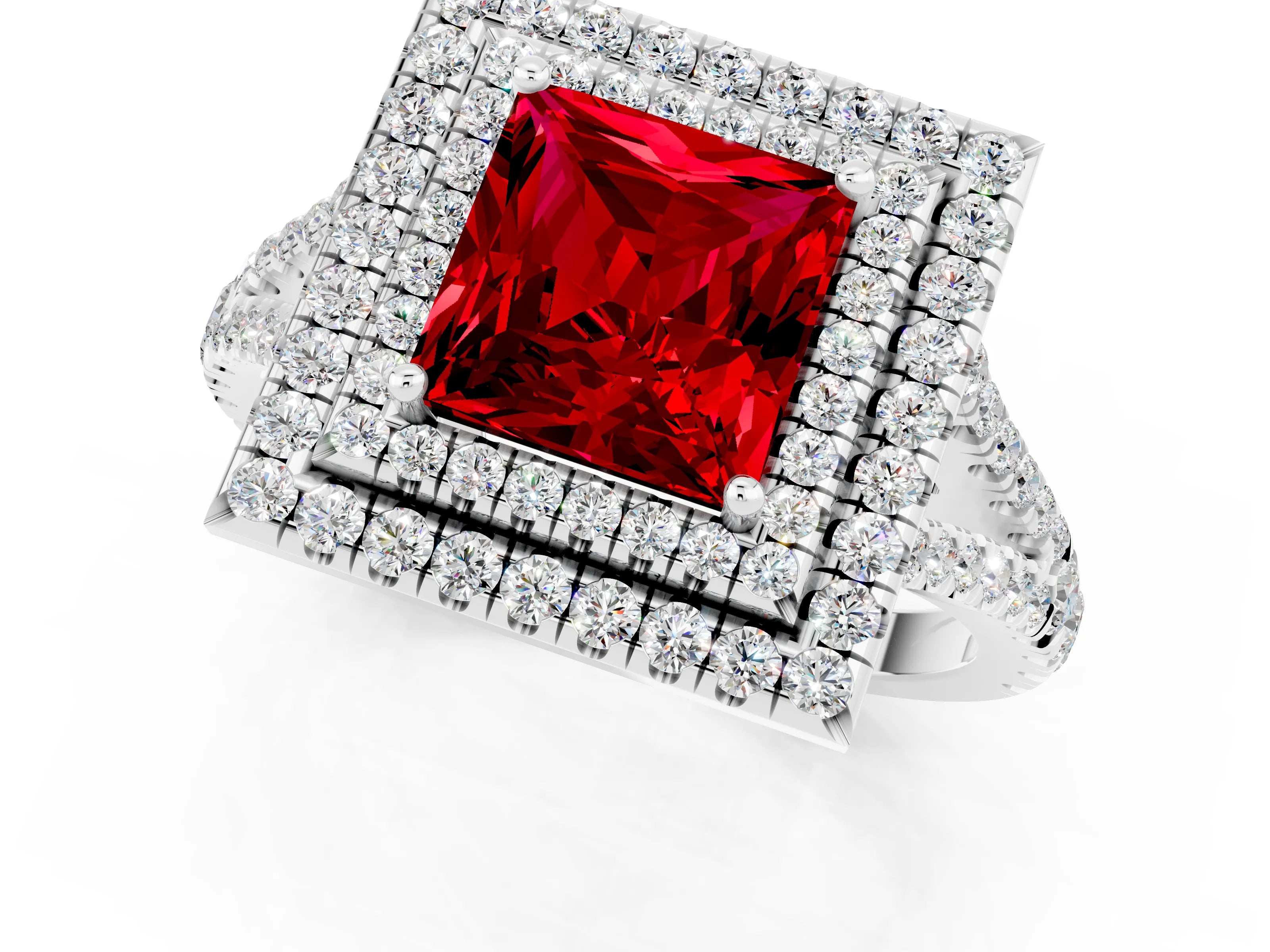 White gold Princess Cut Ruby Double Halo Ring with Pavé Band and Prong Setting_13
