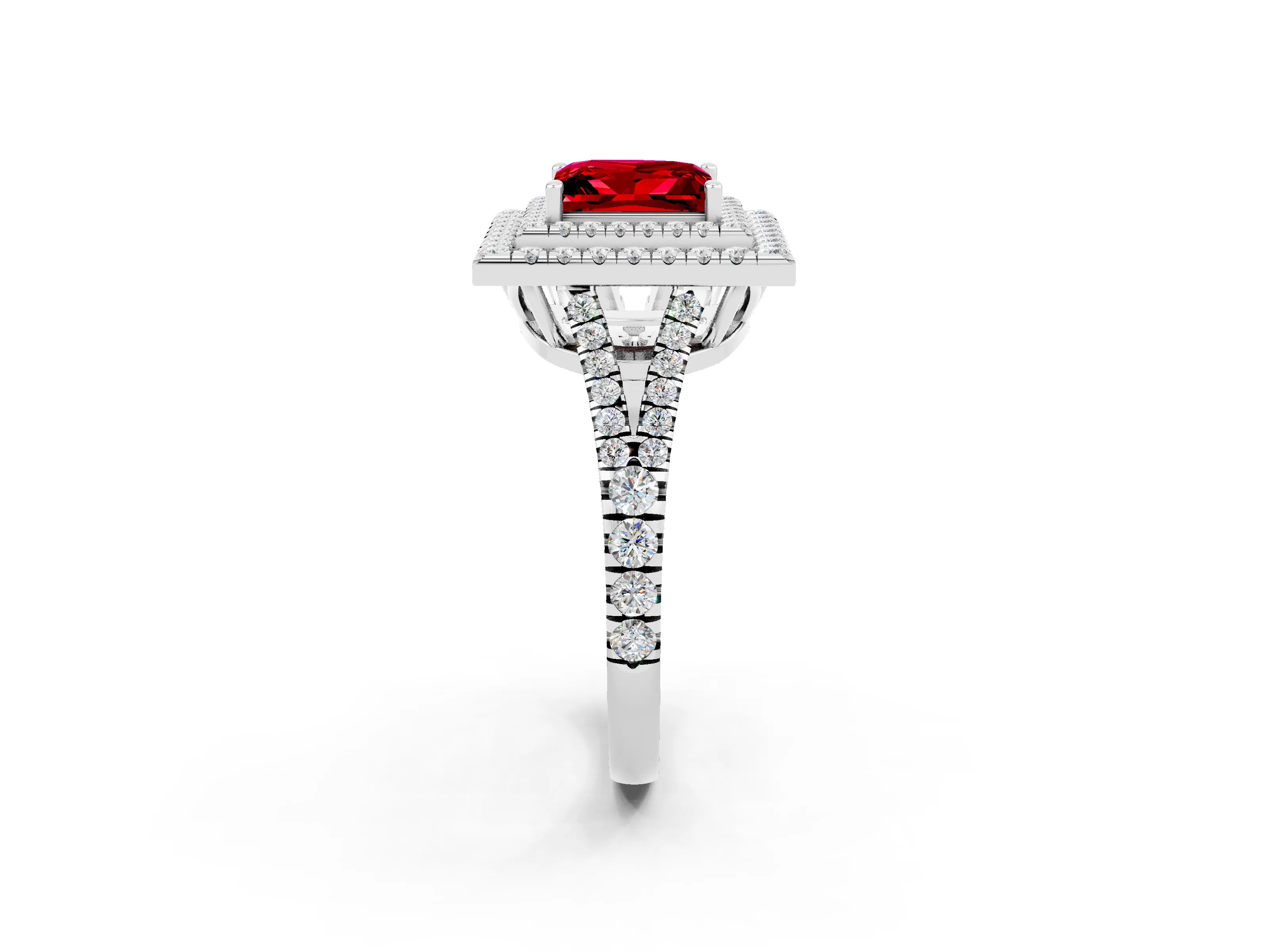 White gold Princess Cut Ruby Double Halo Ring with Pavé Band and Prong Setting_14