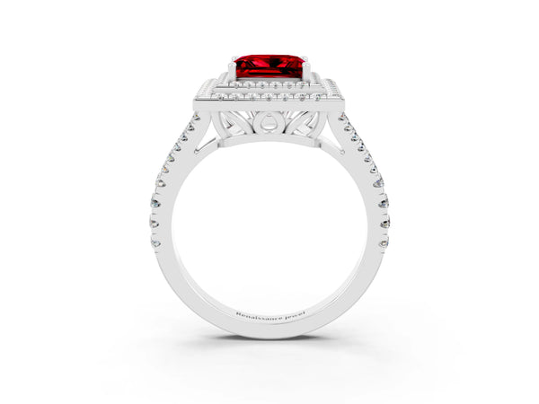 White gold Princess Cut Ruby Double Halo Ring with Pavé Band and Prong Setting