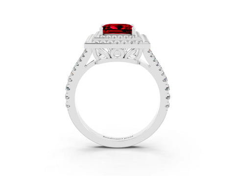White gold Princess Cut Ruby Double Halo Ring with Pavé Band and Prong Setting_15