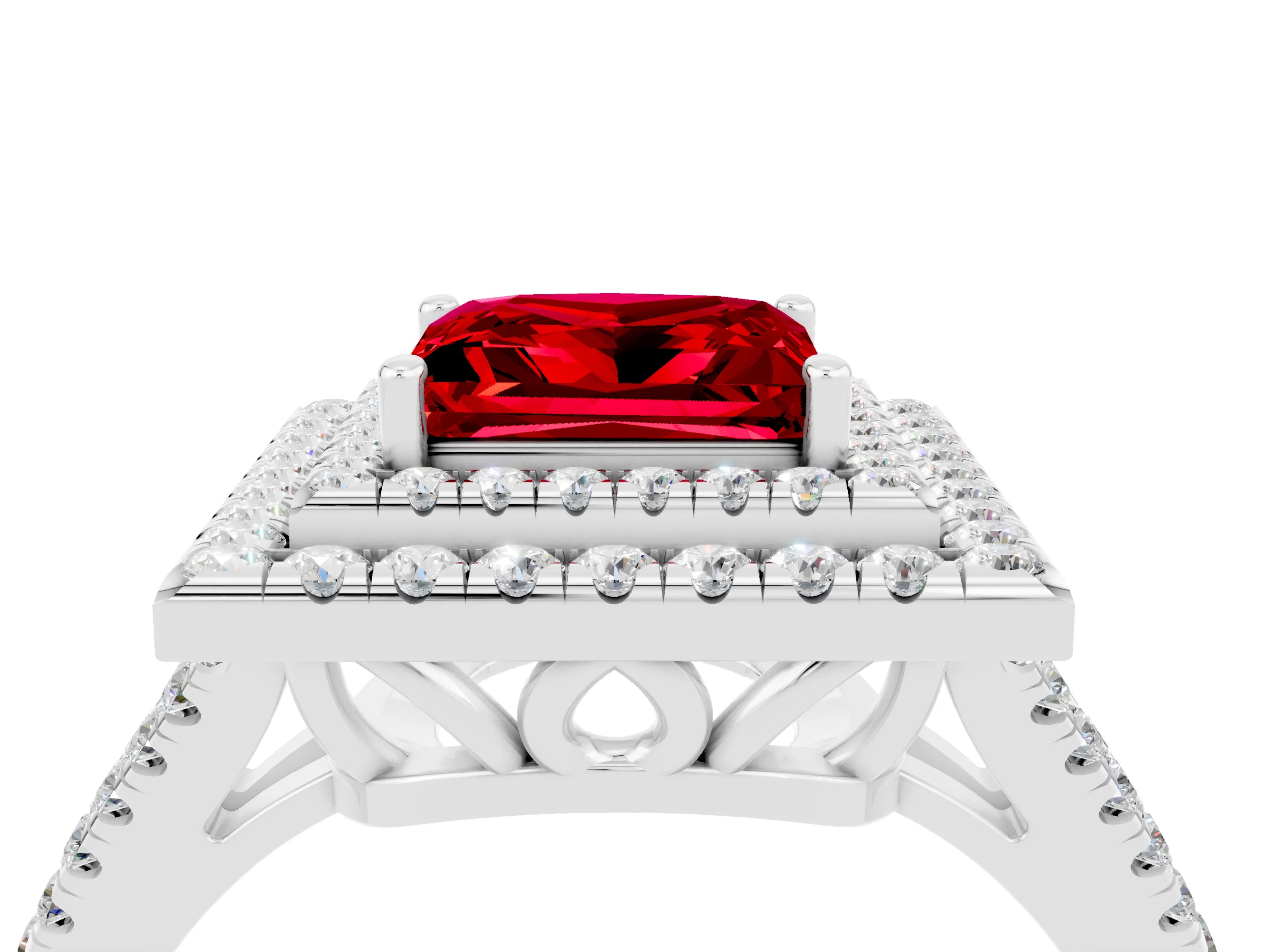 White gold Princess Cut Ruby Double Halo Ring with Pavé Band and Prong Setting_16