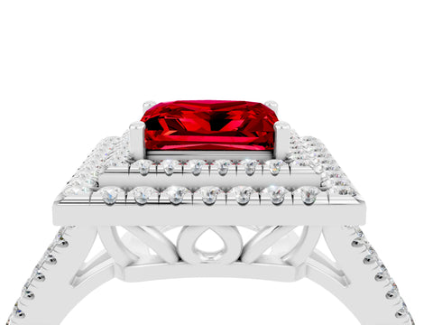 White gold Princess Cut Ruby Double Halo Ring with Pavé Band and Prong Setting_16