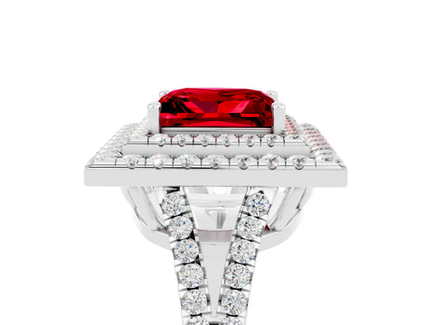 White gold Princess Cut Ruby Double Halo Ring with Pavé Band and Prong Setting_17