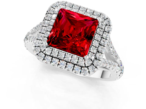 White gold Princess Cut Ruby Double Halo Ring with Split Shank and Prong Setting_61