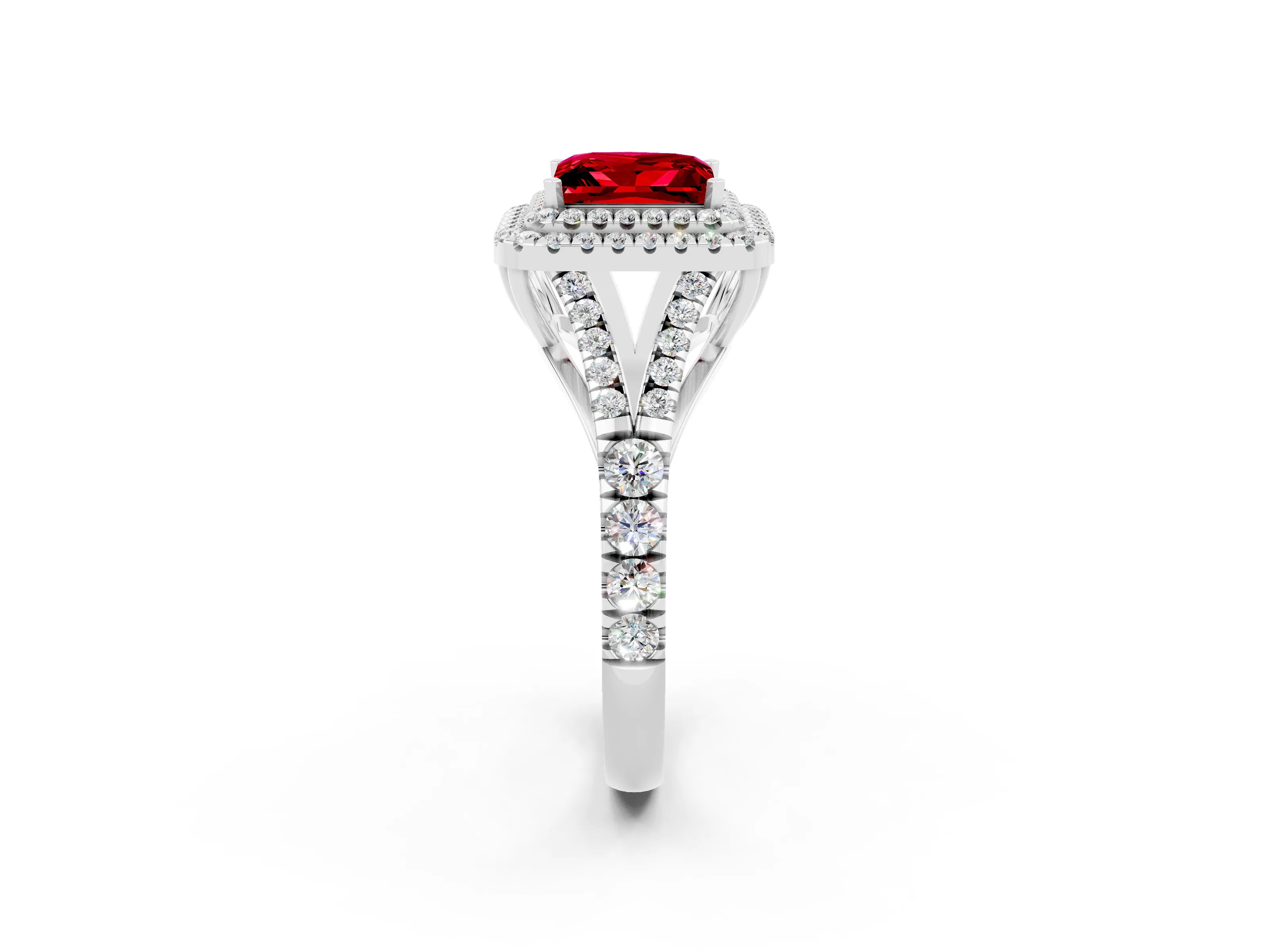 White gold Princess Cut Ruby Double Halo Ring with Split Shank and Prong Setting_62