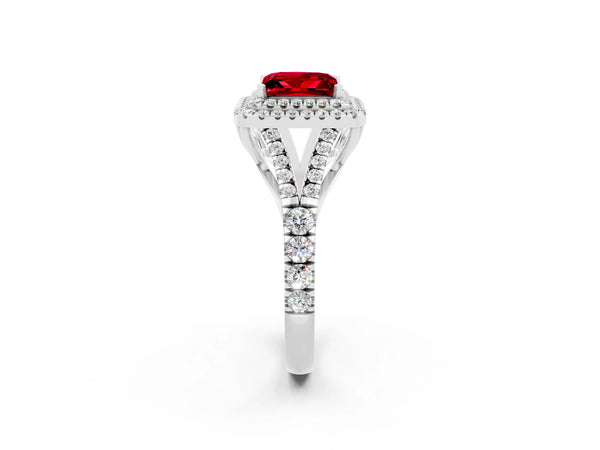 Platinum Princess Cut Ruby Double Halo Ring with Split Shank and Prong Setting