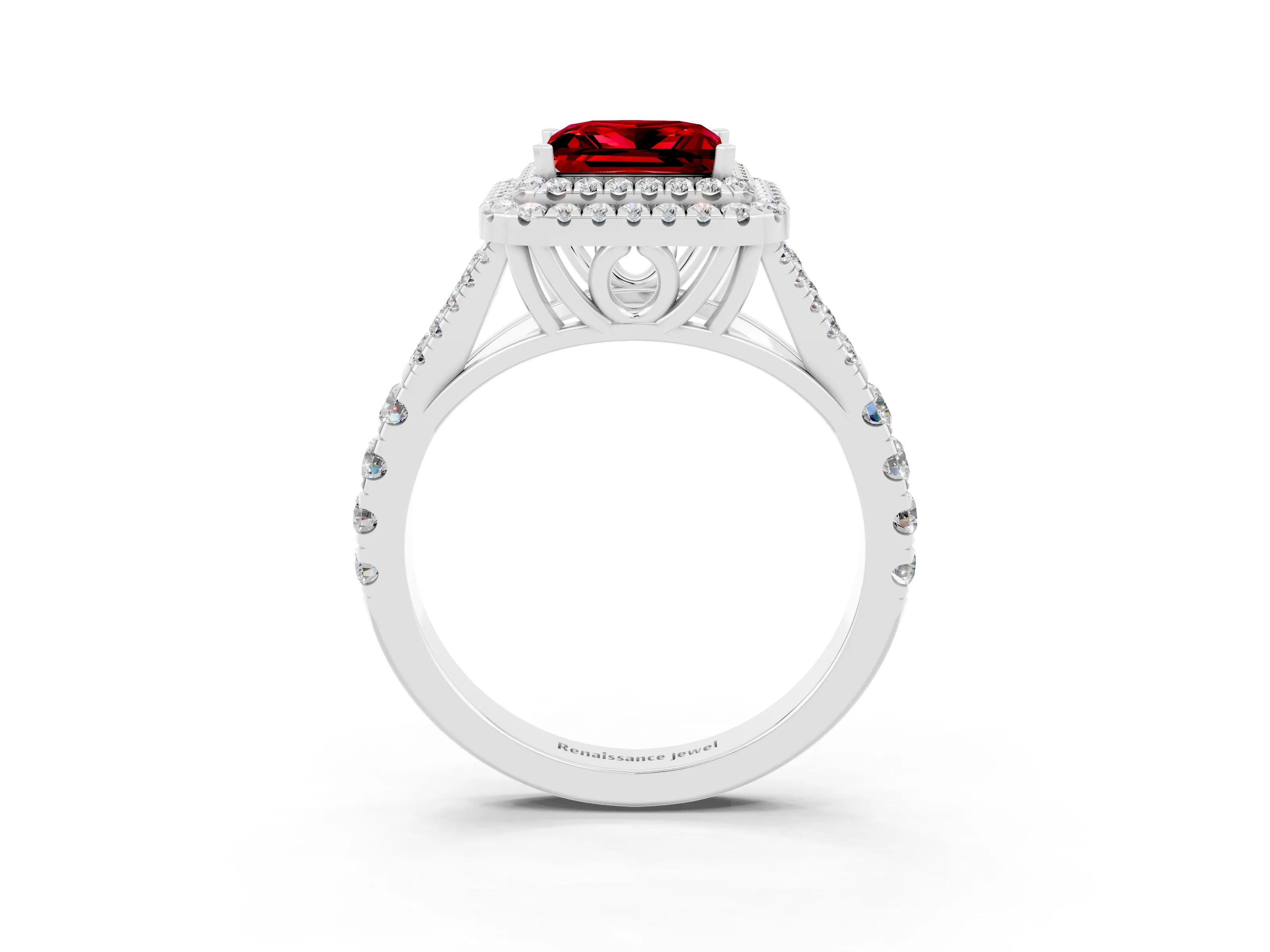 White gold Princess Cut Ruby Double Halo Ring with Split Shank and Prong Setting_63