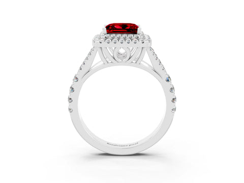 White gold Princess Cut Ruby Double Halo Ring with Split Shank and Prong Setting_63