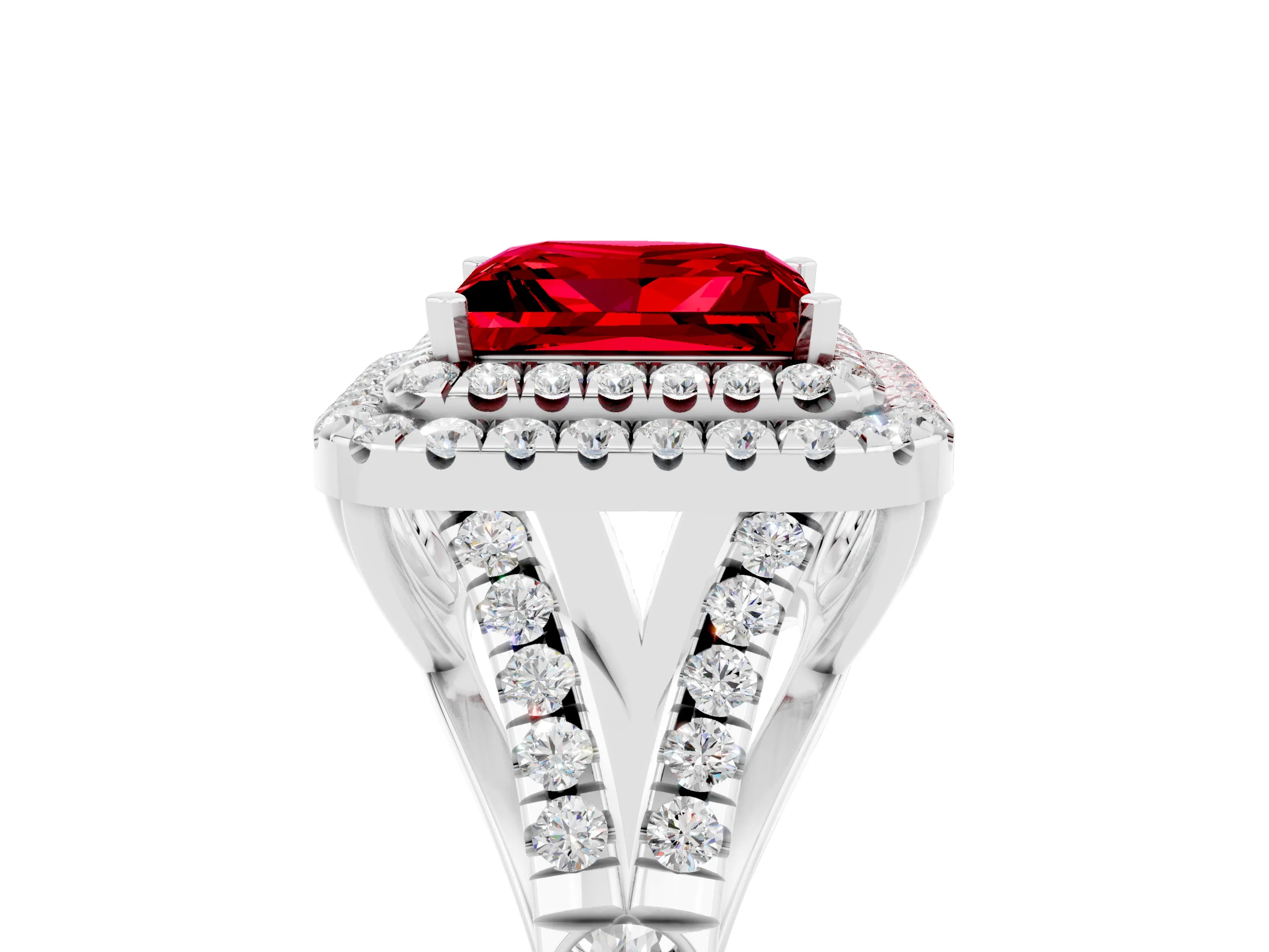 White gold Princess Cut Ruby Double Halo Ring with Split Shank and Prong Setting_65