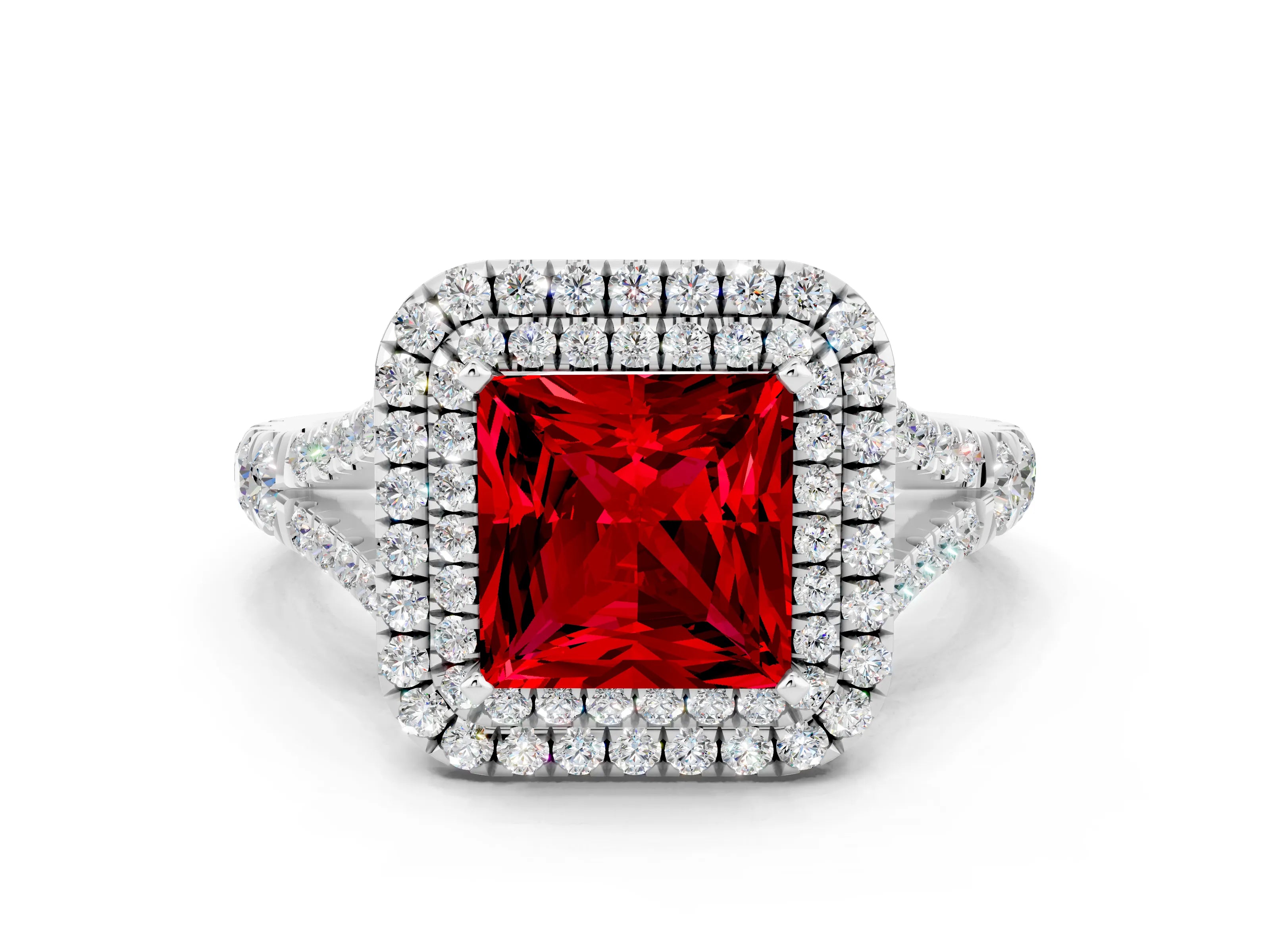 White gold Princess Cut Ruby Double Halo Ring with Split Shank and Prong Setting_68